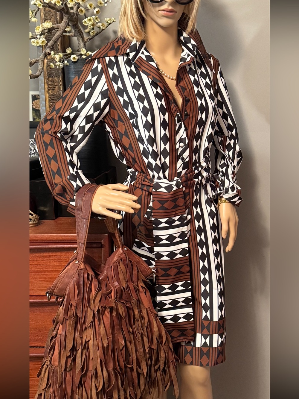 Vintage Lanvin Brown Black White Geometric Print Shirt Dress